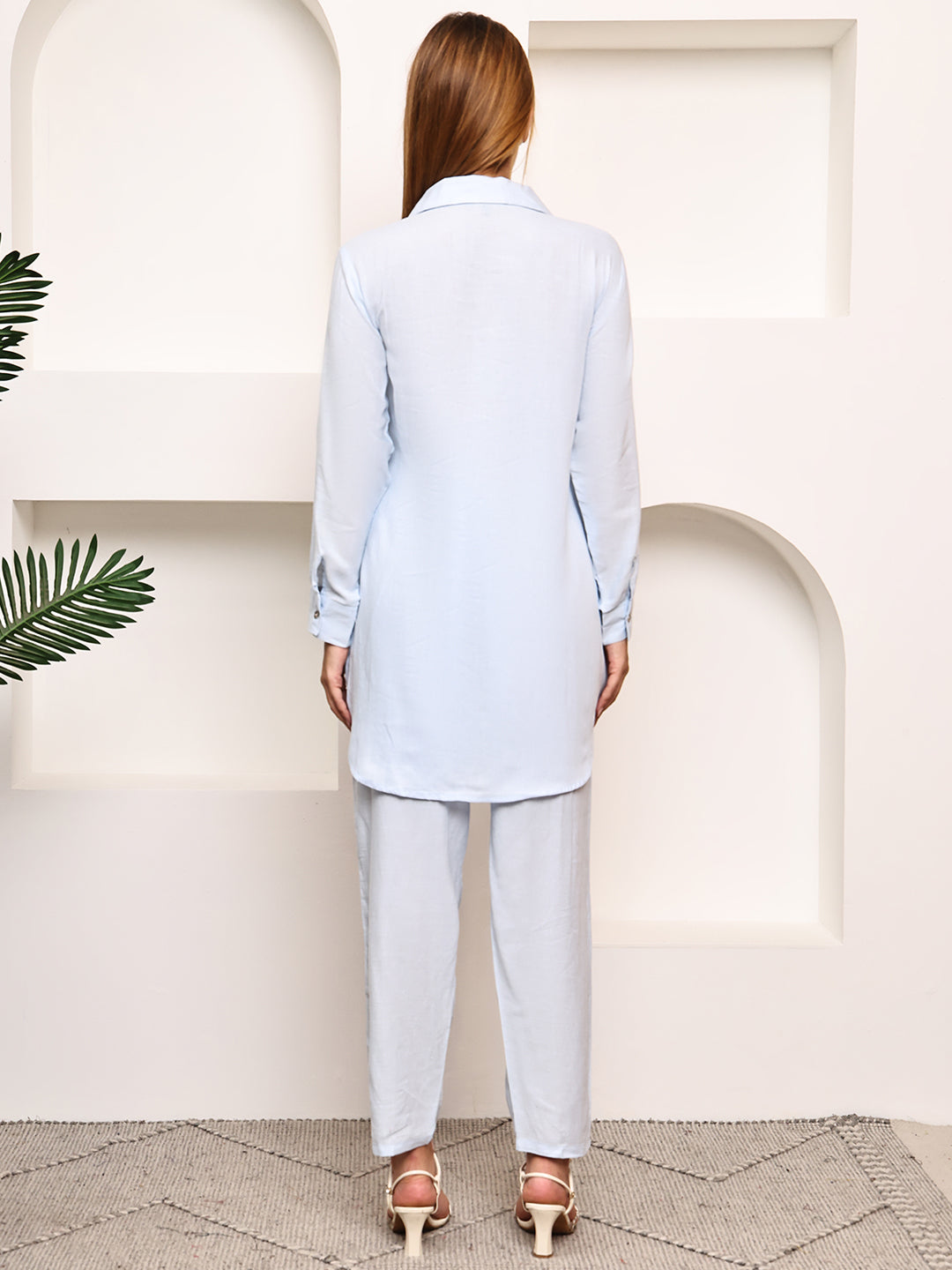 Embroidered Beads And Stones Spread Collar Shirt With Trousers