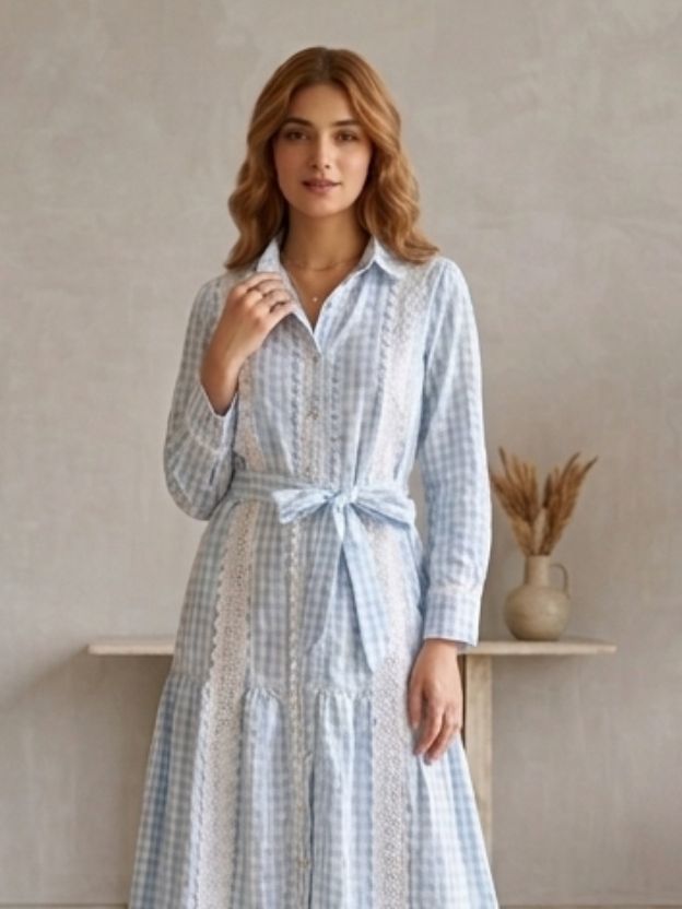 Elegant Gingham Shirt Dress with Lace Panel Detailing