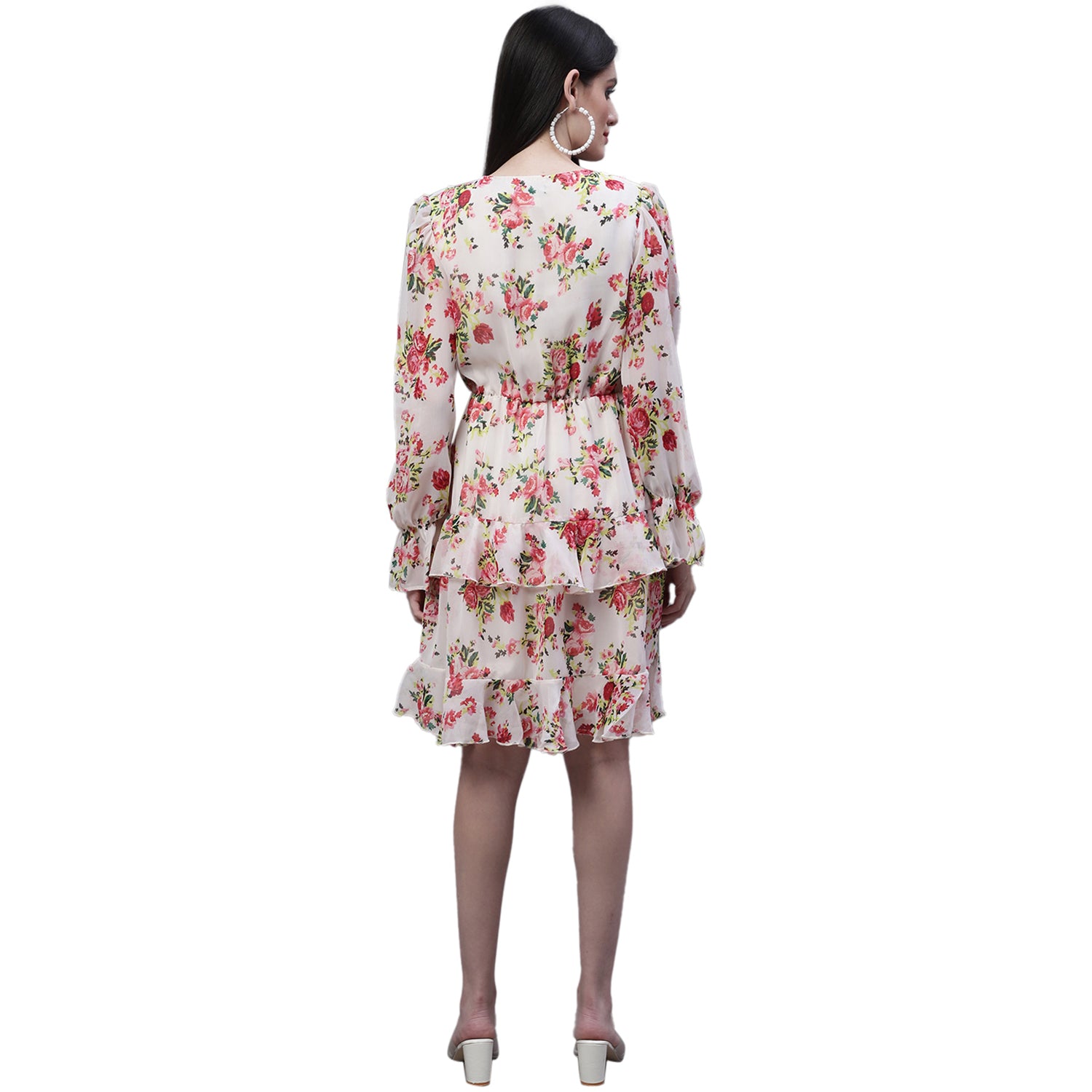 Floral Print V-Neck Bell Sleeve Ruffled Georgette Tired Fit & Flare Dress