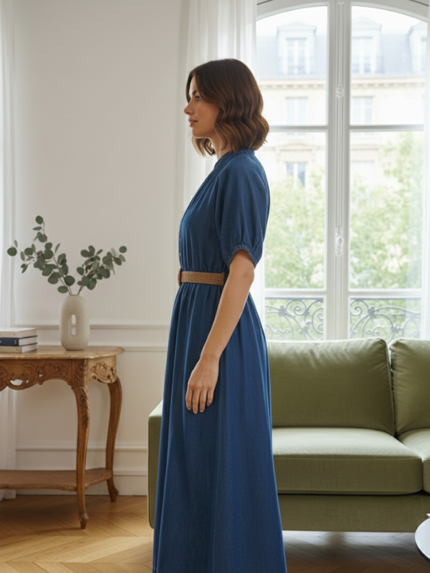 Lacy denim button-down midi dress with puff sleeves & waist belt