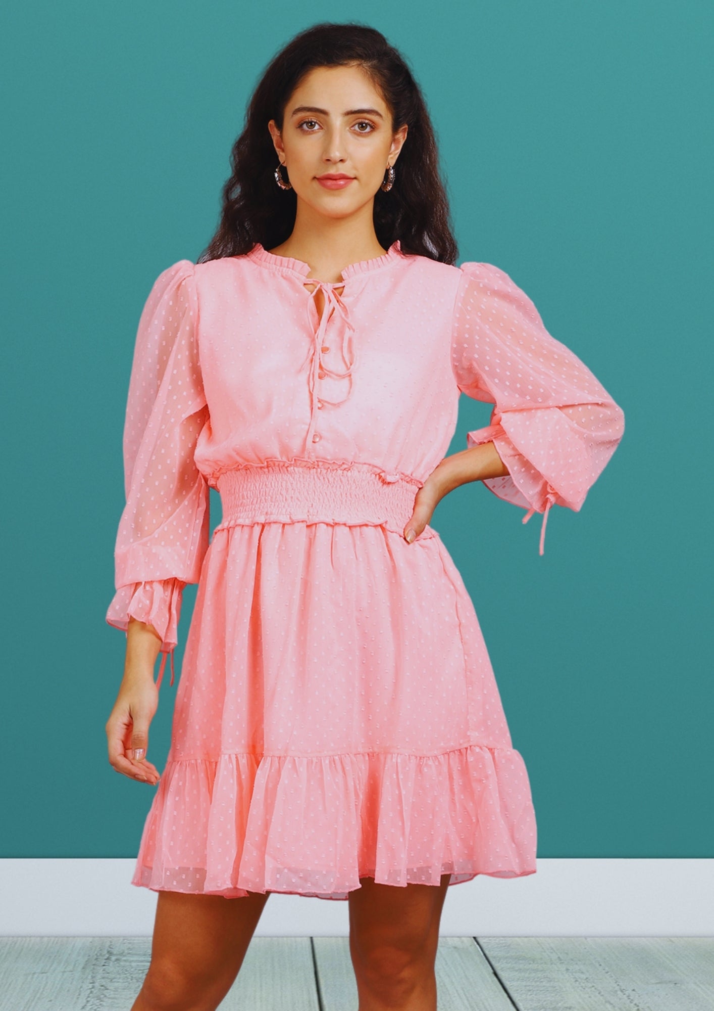 Tie-Up Neck Puff Sleeve Georgette A-Line Dress