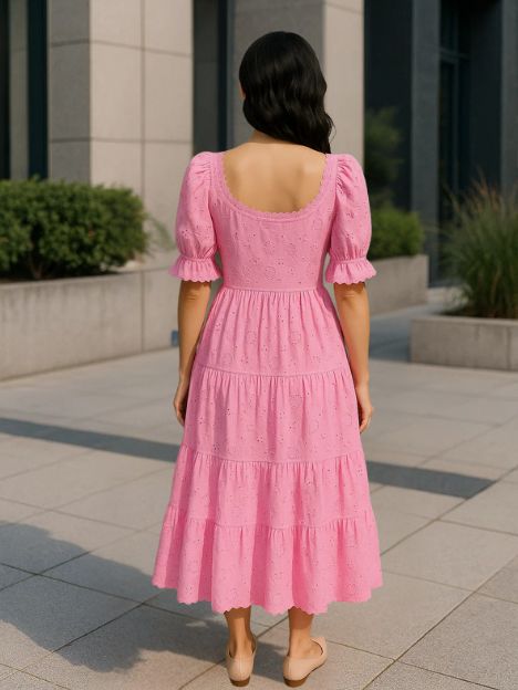 Estelle Pink and Green Laced Organic Hakooba Schiffli Midi Dress