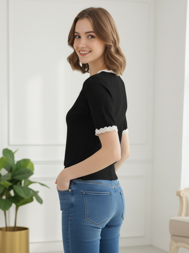 Black Lace Trim Knit Top Short Sleeve