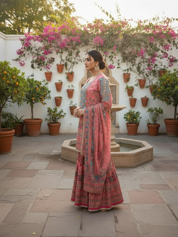Elegant Coral Printed Sharara Set with Dupatta