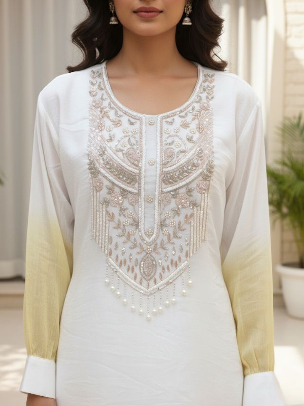 Earl Mist  Cord Set with EmbrPoidered Neckline & Yellow Ombre Sleeves Co-ord Set