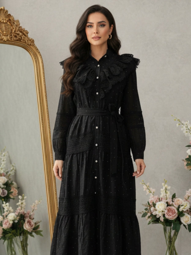Lace Panel Tiered Midi Dress with Waist Tie