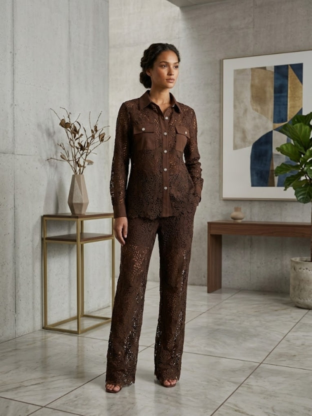 Elegant Sheer Lace Shirt & Wide-Leg Trouser Co-Ord Set