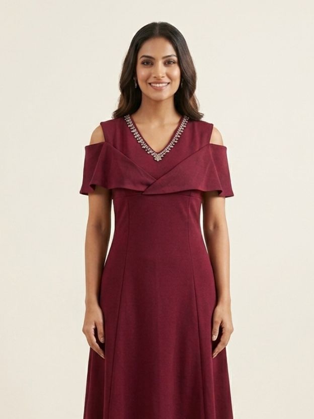 Velvet Whisper Cold-Shoulder Midi Dress