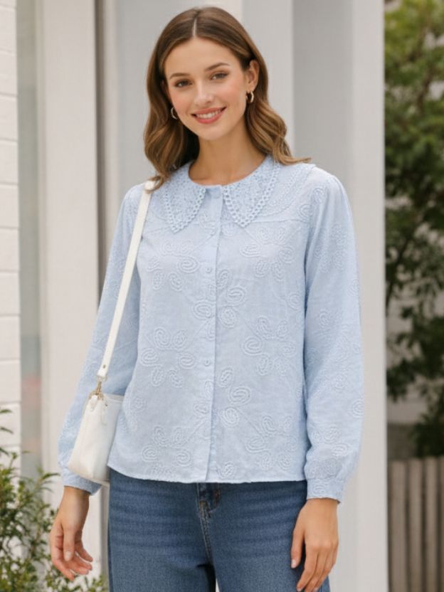 Embroidered Peter Pan Collar Button-Down Shirt