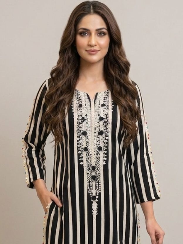 Elegant Striped Embroidered Co-Ord Set