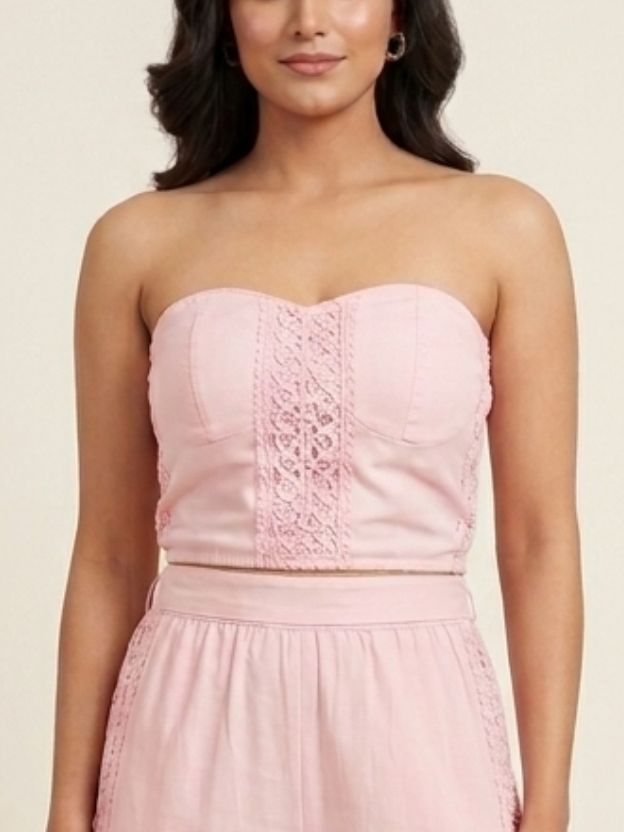 Blush Pink Lace Detail Tube Top & Wide-Leg Pants Co-ord Set - 2 Piece Summer Outfit