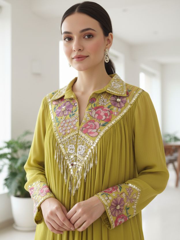 Anaya Bloom Essence Festive Lime Green Embroidered Co-ord with Tassel Detailing Co-ord Set