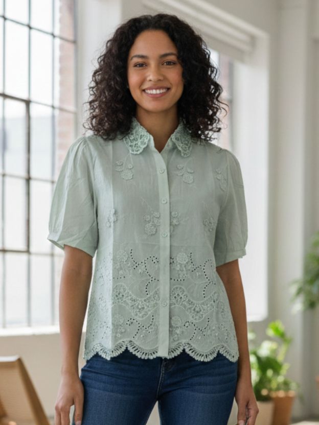 Elegant Embroidered Scalloped Hem Shirt