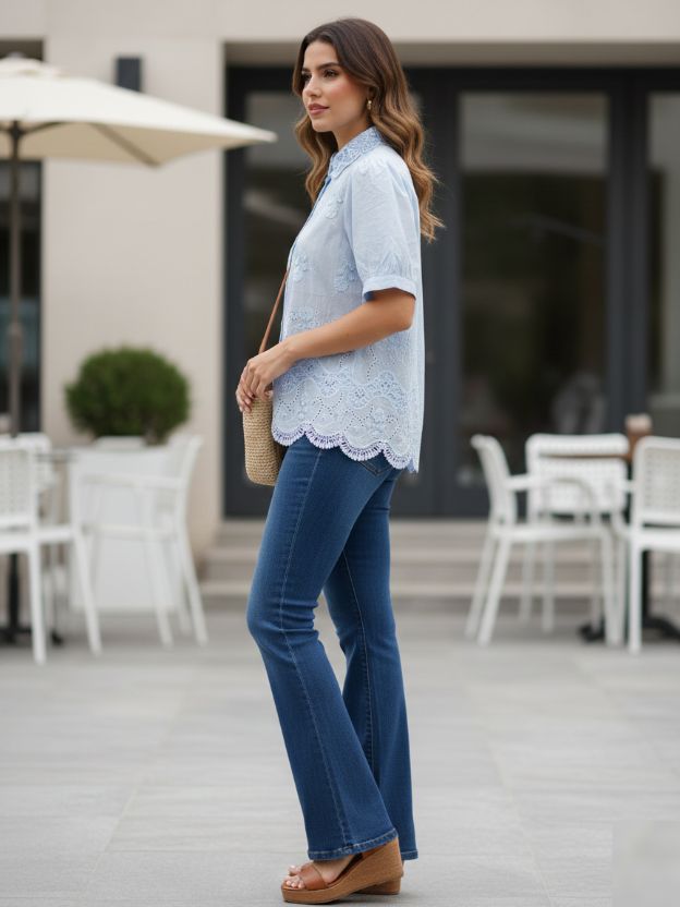 Elegant Embroidered Scalloped Hem Shirt