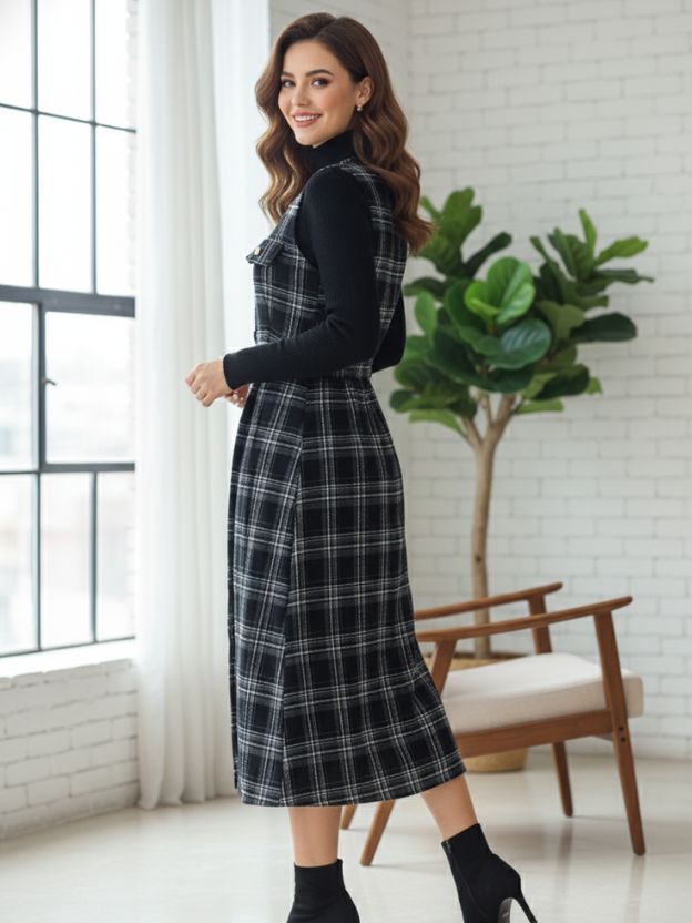 Winter Charm in Black Checked Style