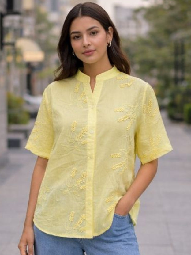 Women’s Embroidered Cotton Shirt – Summer Casual Short Sleeve Button Down Top