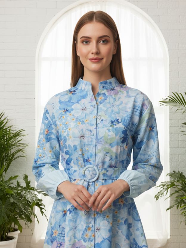 Sky Blue Floral Belted Midi Dress