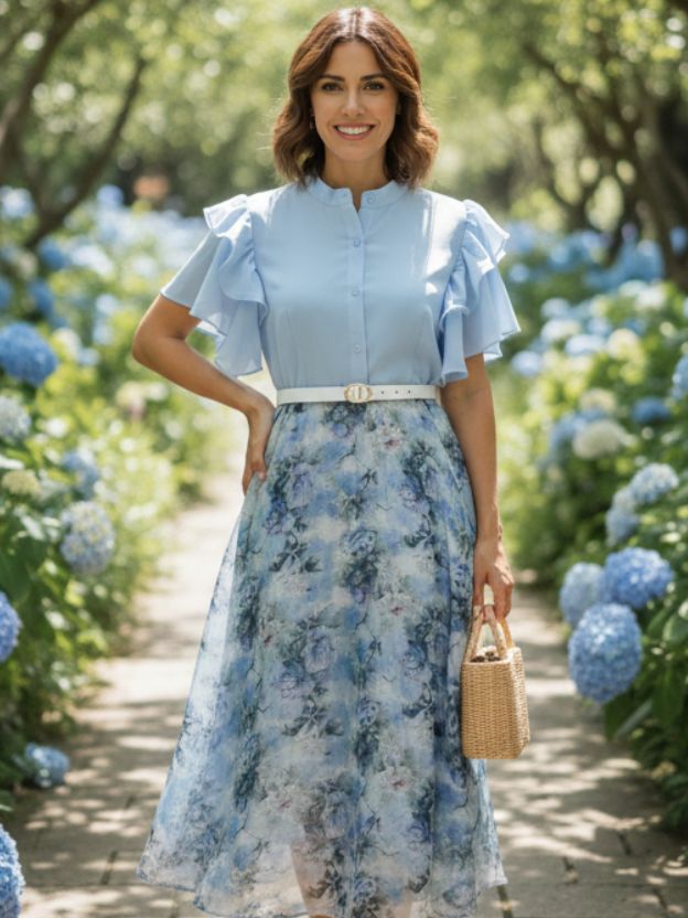 Elegant Floral Midi Dress with Soft Ruffle Details
