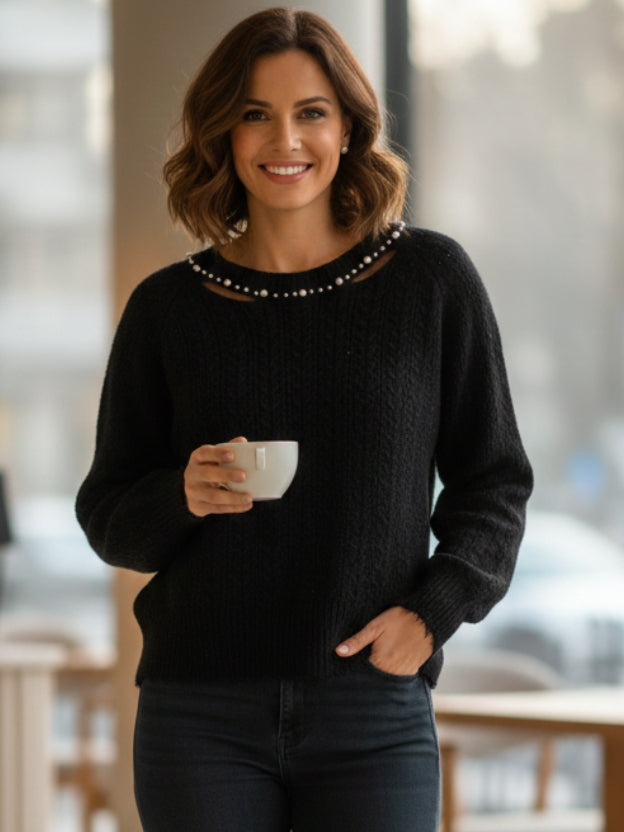 Classy Black Winter Sweater – Elegant Beaded Neck Women’s Top