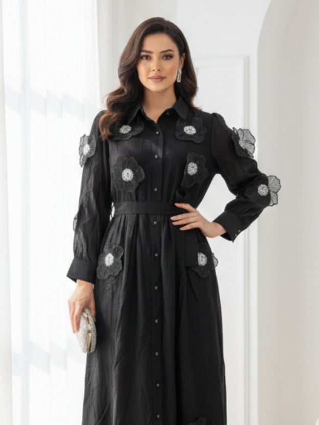 Floral Appliqué Sheer Midi Dress with Belt