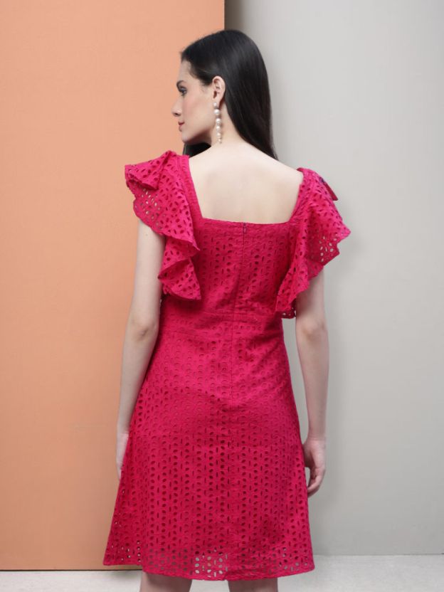 V-Neck Schiffli Ruffled A-line Cotton Dress