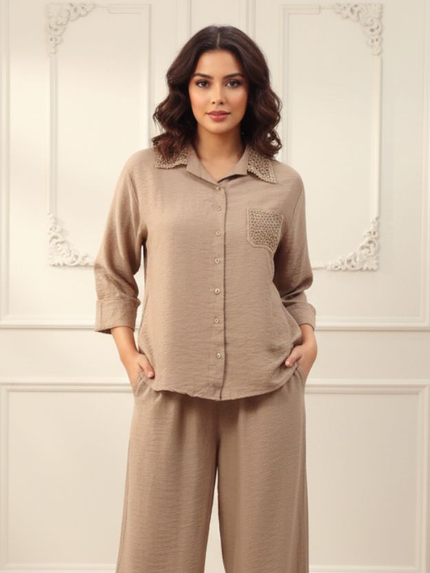 Luxe Co-ord Set With Crochet Coullerr Hand Pocket Detalling