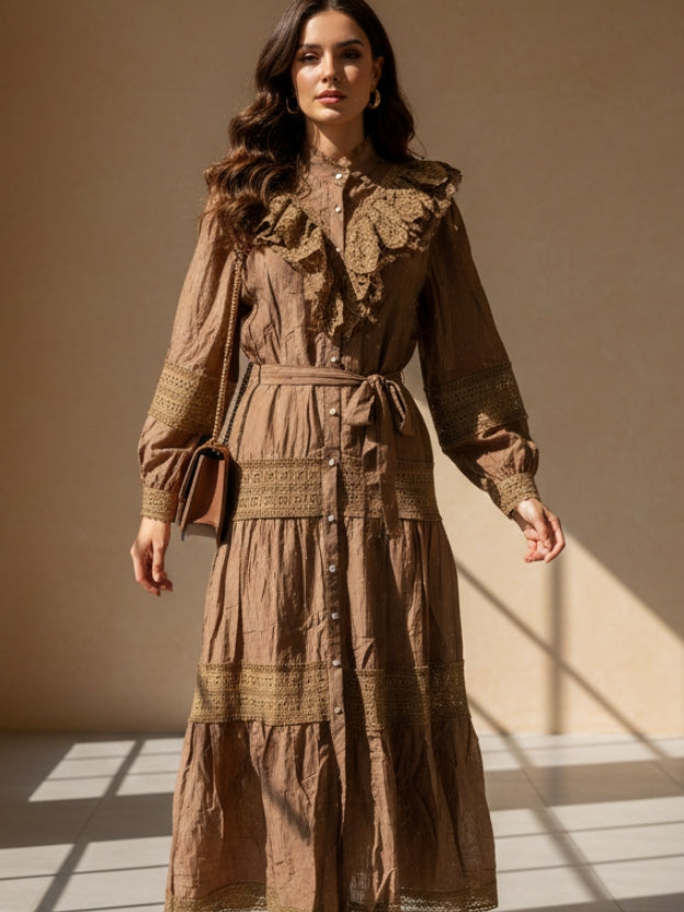 Lace Panel Tiered Midi Dress with Waist Tie