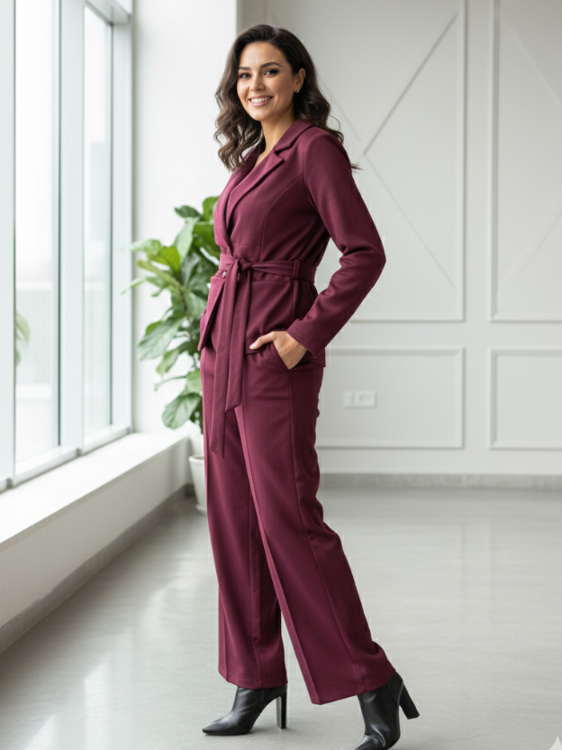 Burgundy Wide-Leg Trouser Suit with Tie Waist