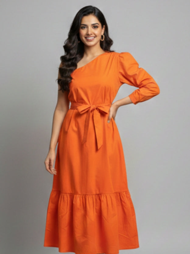 One-Shoulder Midi Dress with Waist