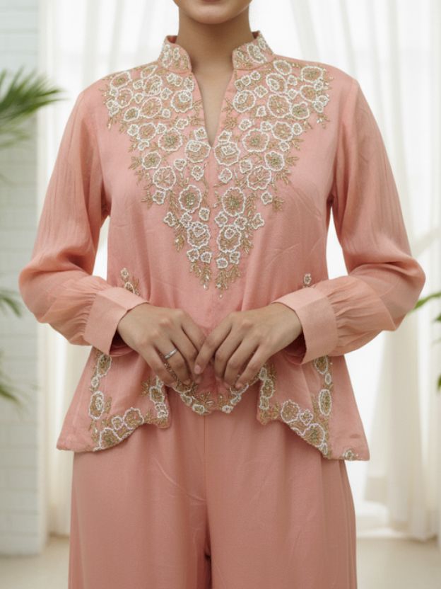 Blush Mirage Peach Embroidered Top with Scalloped Hem & Wide-Leg Pants Co-ord Set