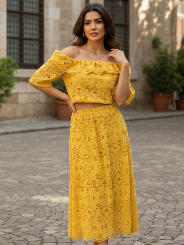 Elegant Off-Shoulder Lace Midi Dress