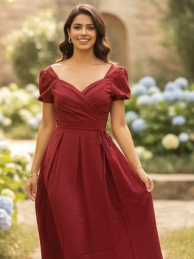 Elegant Burgundy Midi Dress for Women – Puff Sleeve Sweetheart Neckline Party Dress