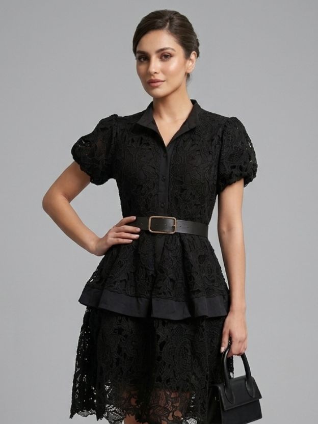 Vintage-Inspired Lace Button-Down Dress with Belt - Romantic Peplum Midi