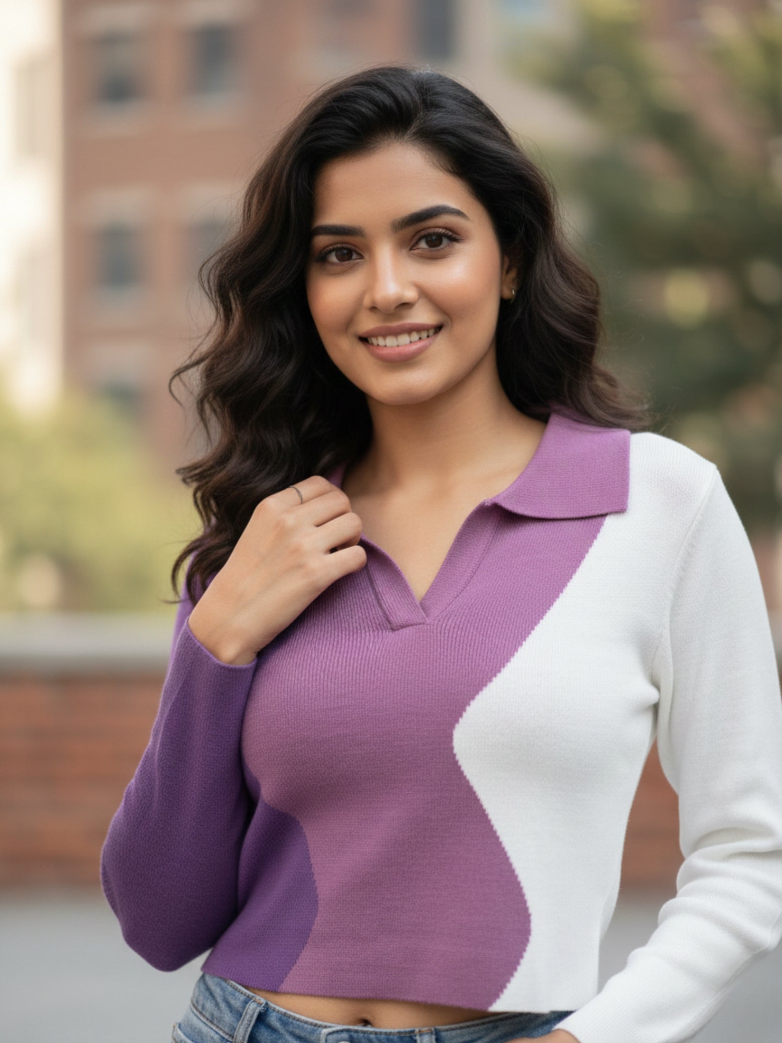 Stylish Colorblock Collared Knit Top for Women – Smart Casual Pullover