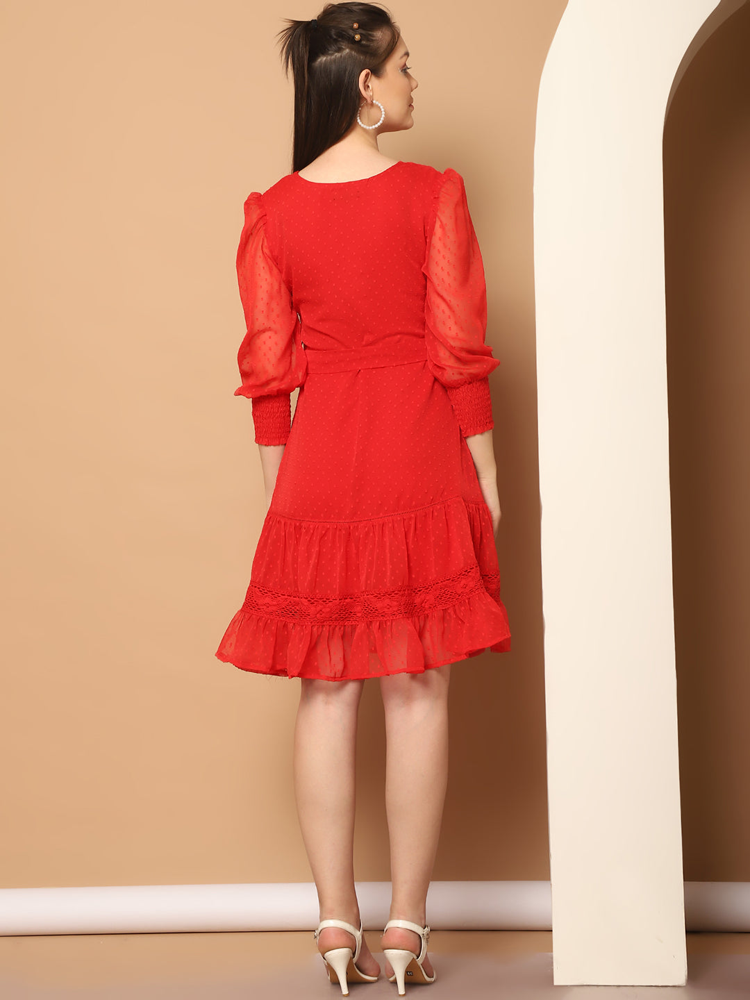 Puff Sleeve Ruffled Georgette Fit & Flare Dress