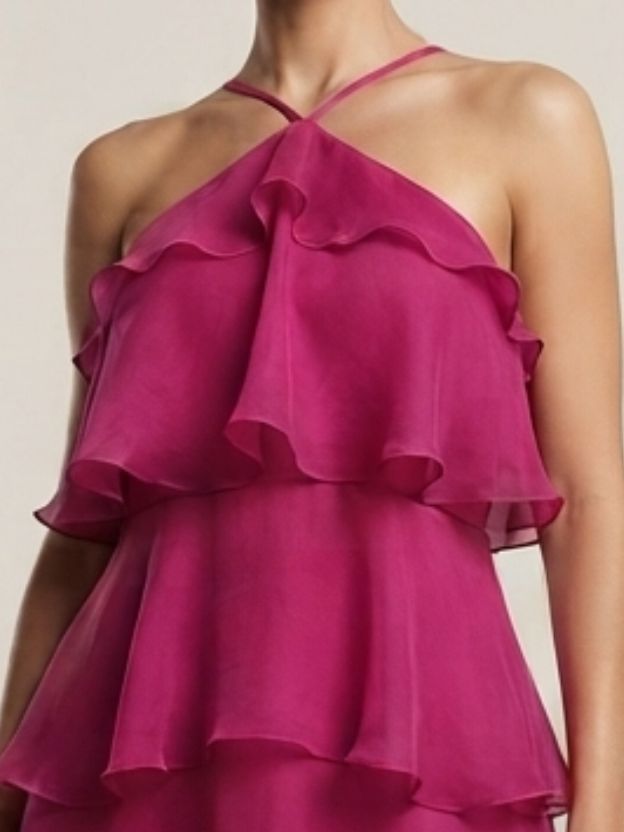 Women's Layered Organza Maxi Dress | Pink Halter Neck Party Wear Dress