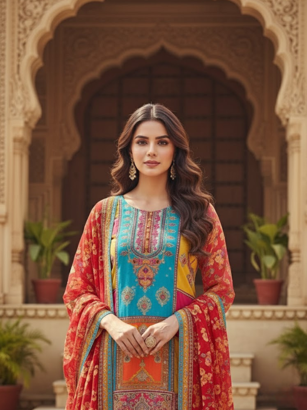 Royal Red & Blue Printed Sharara Set with Dupatta