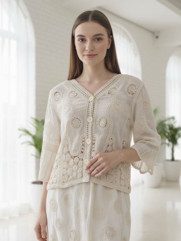 Ivory Whisper Crochet V-Neck Top with Matching Long Skirt – Co-ord Set