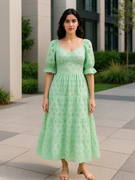 Estelle Pink and Green Laced Organic Hakooba Schiffli Midi Dress