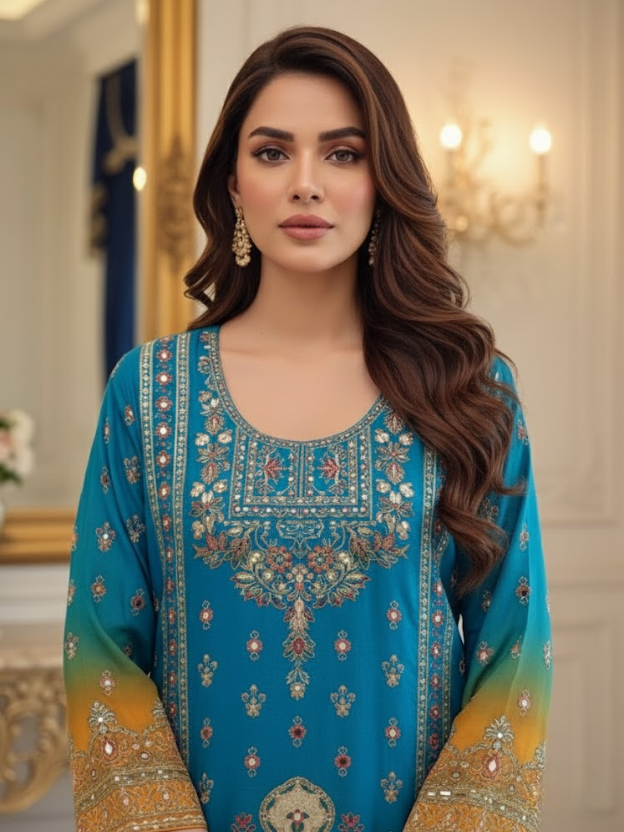 Azure Sunset Embroidered Crepe Ensemble