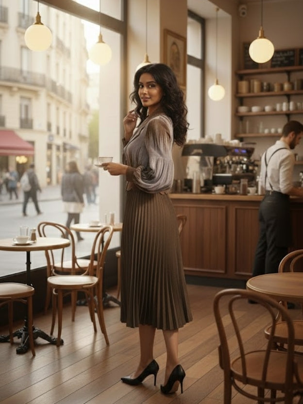 Mocha Muse Pleated Midi Dress