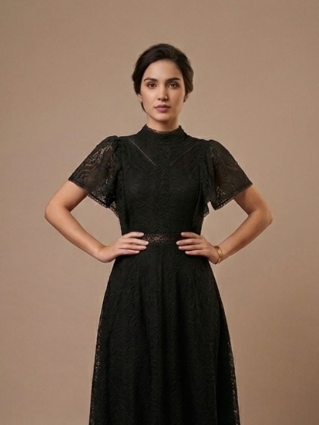 Elegant Lace Fit & Flare Midi Dress with Sheer Sleeves