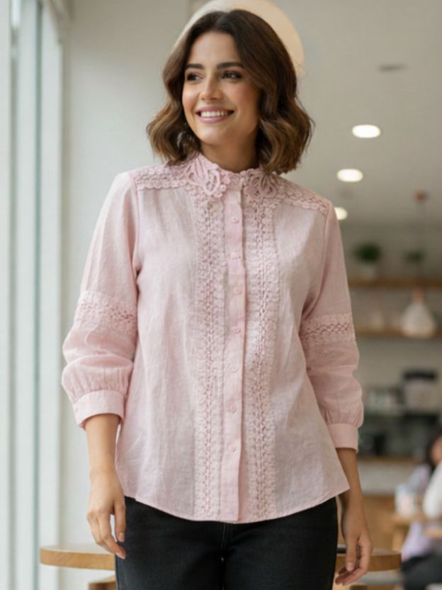 Elegant Lace Panel Button-Down Blouse