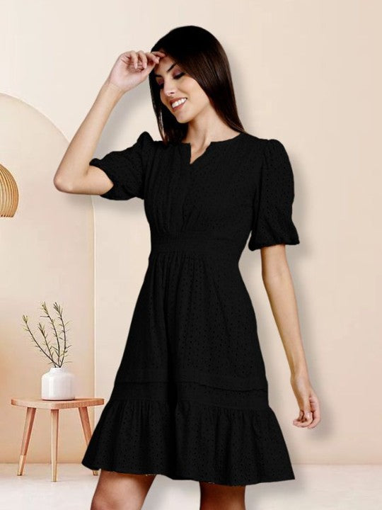 Schiffli Puff Sleeve Smocked Pure Cotton Fit & Flare Dress