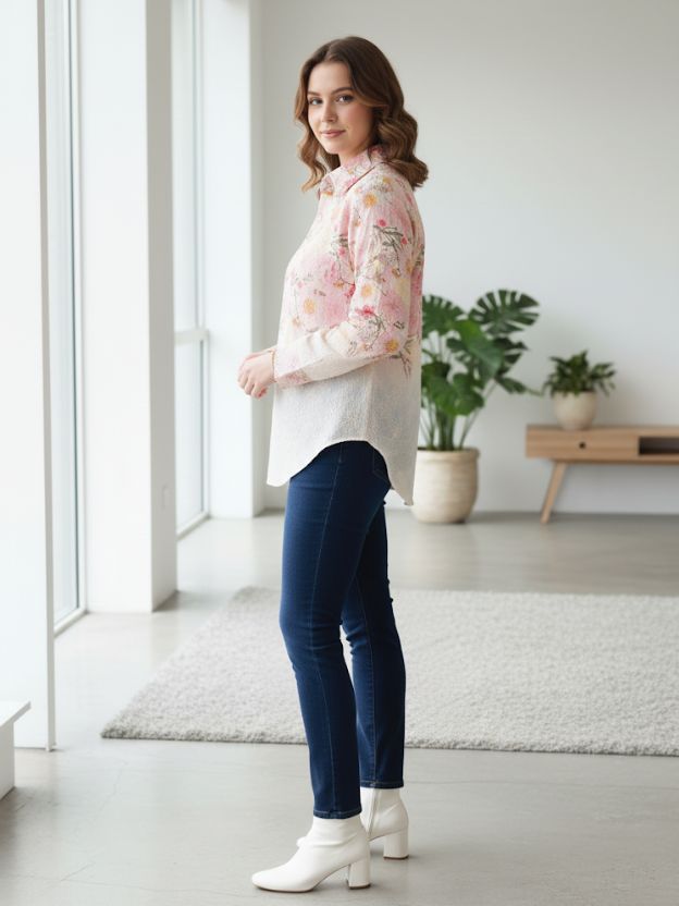 White & Blue Sheer Cotton Blend Shirt with Intricate Embroidery
