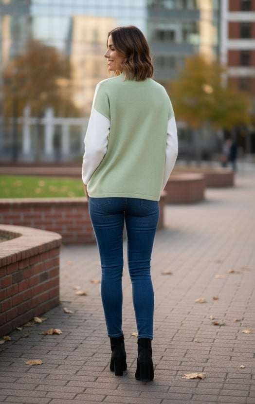 Women’s Sage & White Colorblock Sweater Top – Stylish Button Detail Pullover
