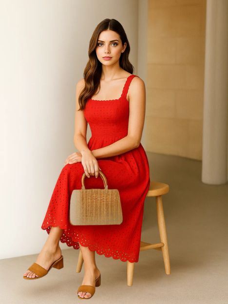 Reagan Red Organic Hakooba Schiffli Midi Dress