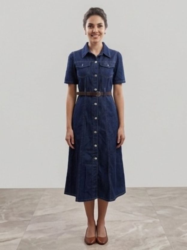 Denim Midi Shirt Dress - Fit and Flare Button-Down Utility Dress