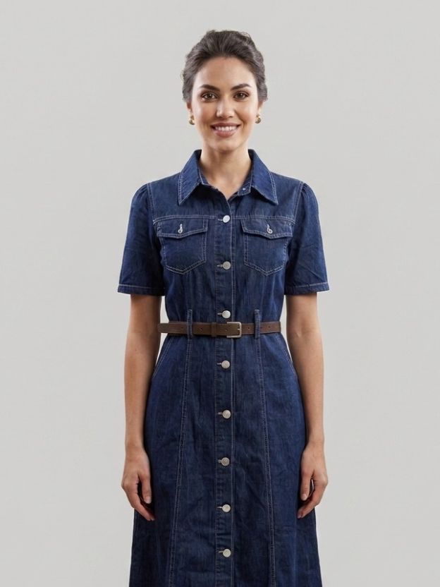 Denim Midi Shirt Dress - Fit and Flare Button-Down Utility Dress