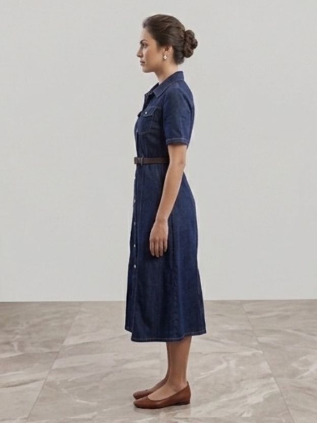 Denim Midi Shirt Dress - Fit and Flare Button-Down Utility Dress